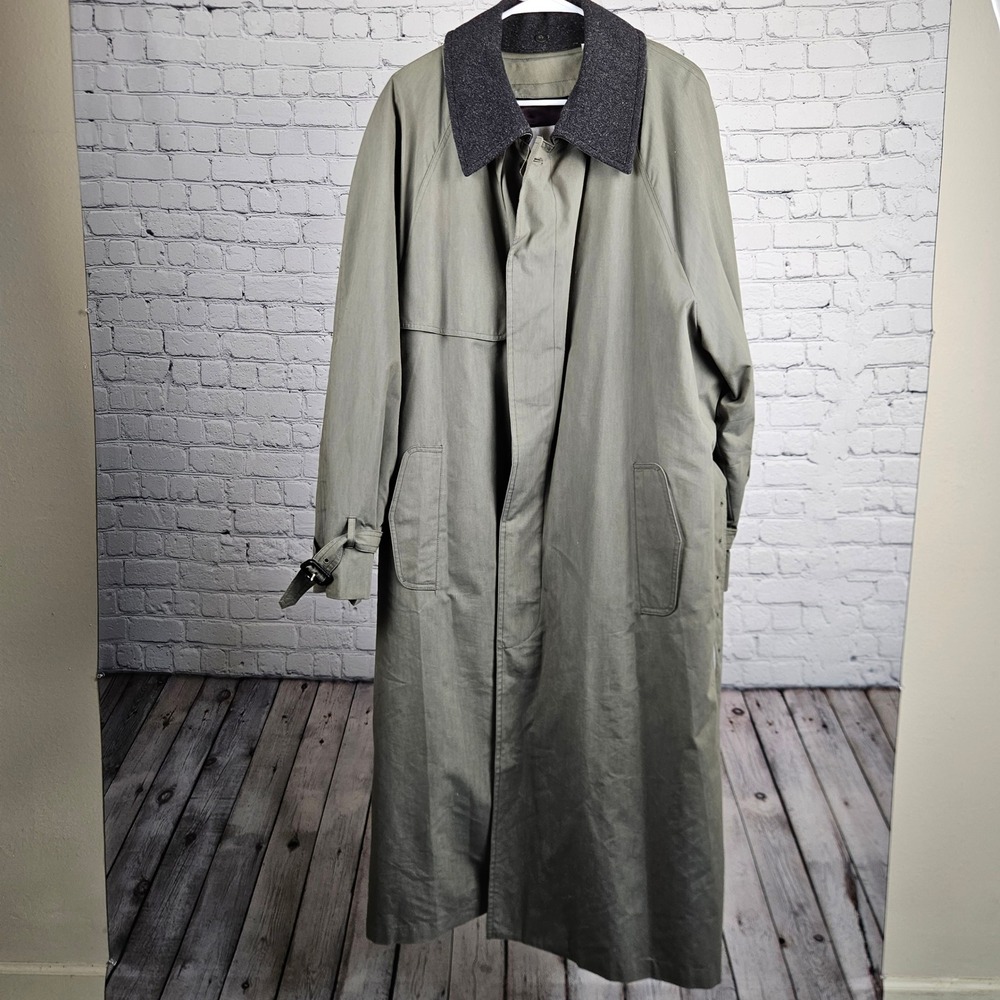 London Fog Mens Trench Coat Olive Green Belted Overcoat Gray Collar 44 Reg